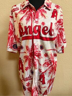 Angels Red & White Palm-Print Hawaiian Shirt